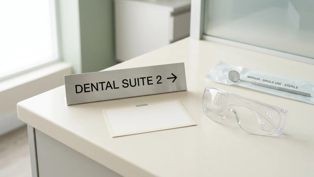 Dental wayfinding plaque, protective eyewear, and sealed mirror package on a clean counter