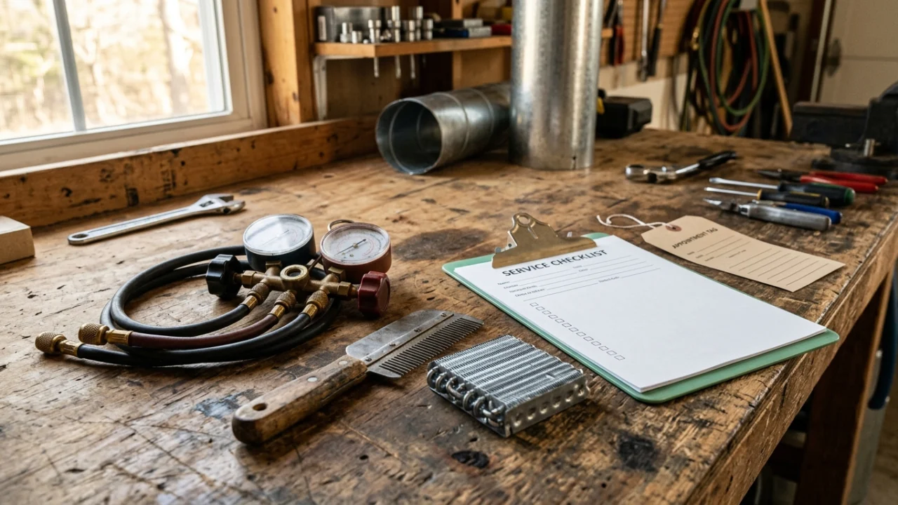 HVAC gauges, fin comb, coil sample, and service checklist on a workshop bench
