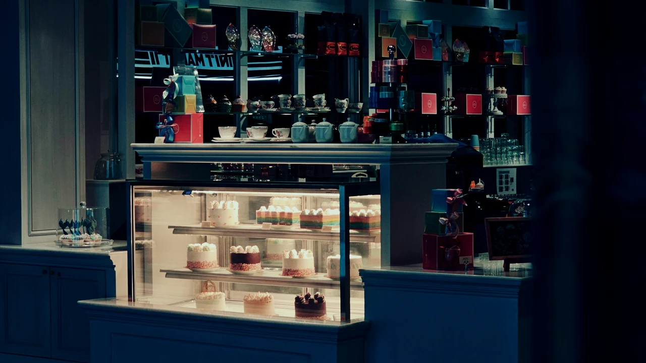 Authentic photograph of a store front with a lit up counter.