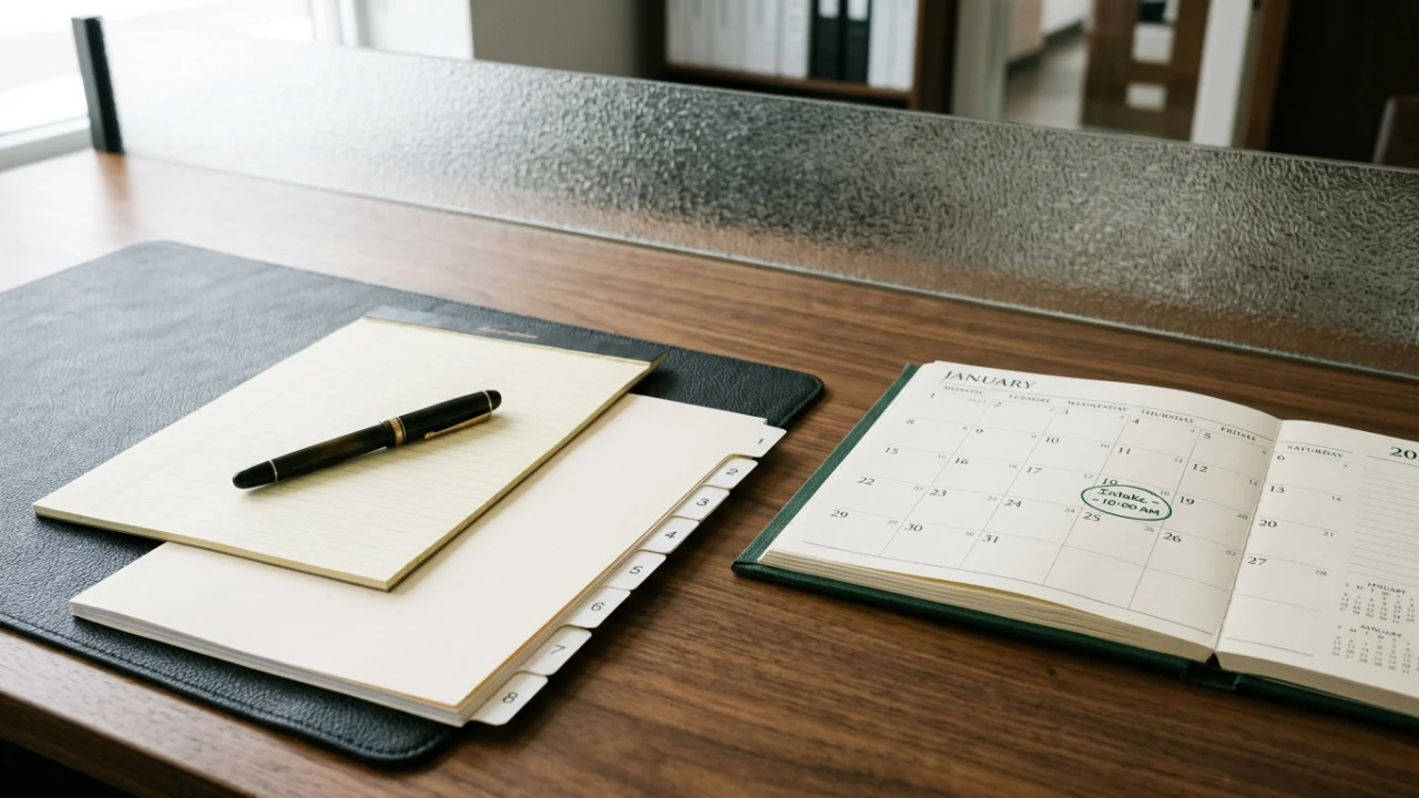 Legal pad, tabbed document folder, and consultation calendar on a wood desk