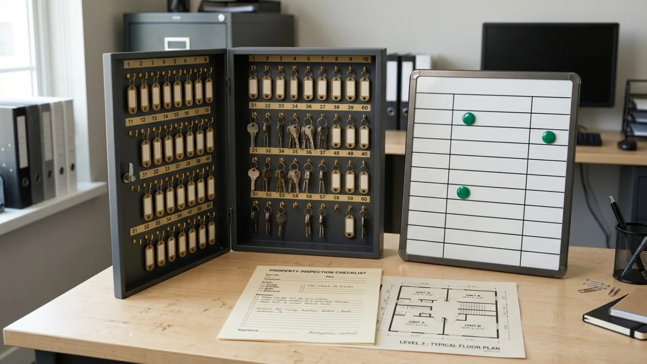 Property key cabinet, maintenance board, inspection checklist, and generic floor plan