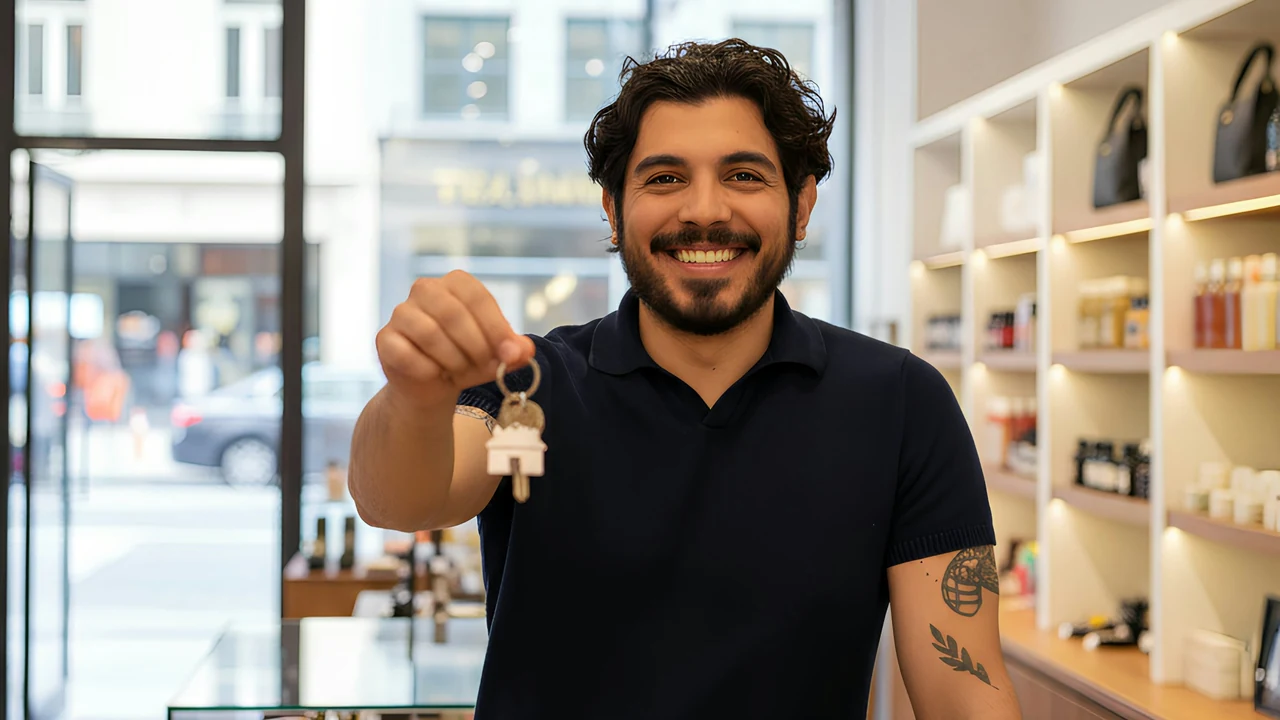 Shopkeeper holding keys inside a retail store.