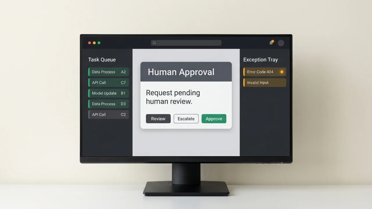 AI task queue with a centered human approval panel and exception tray