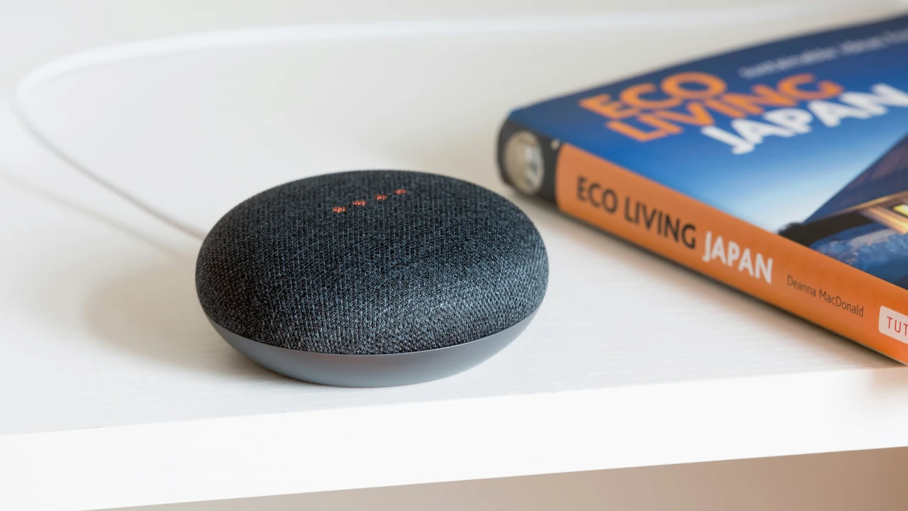 Authentic photograph of charcoal google mini on white surface.