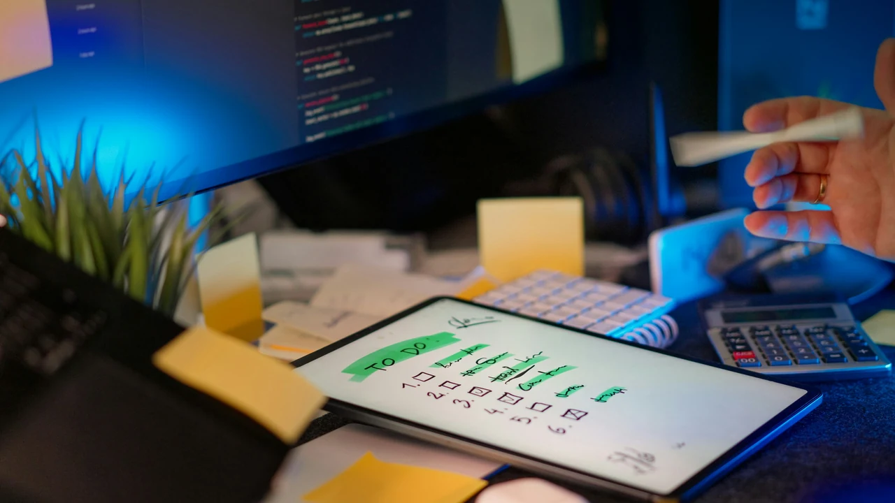 Developer working across multiple screens in a real office.