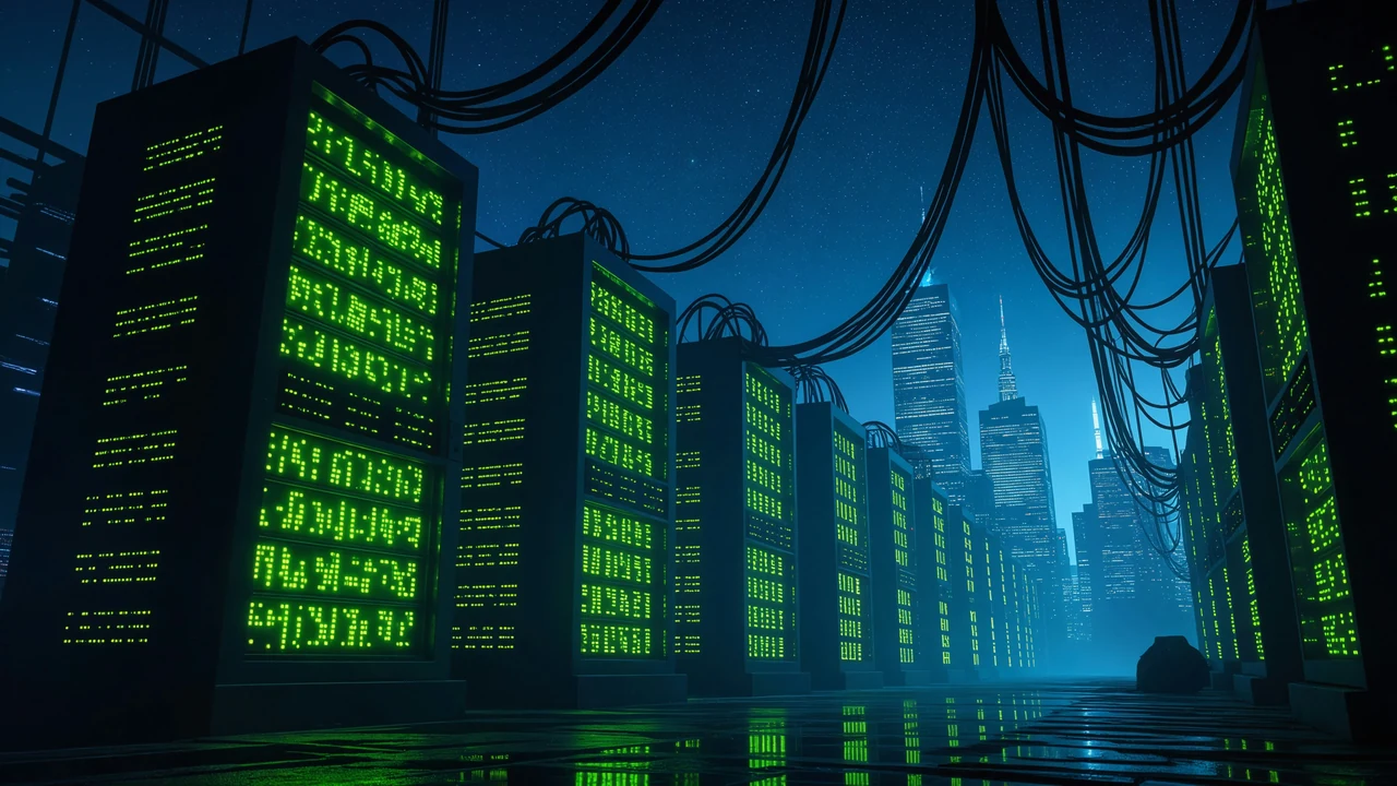 Authentic photograph of servers illuminate a futuristic cityscape with a data center.