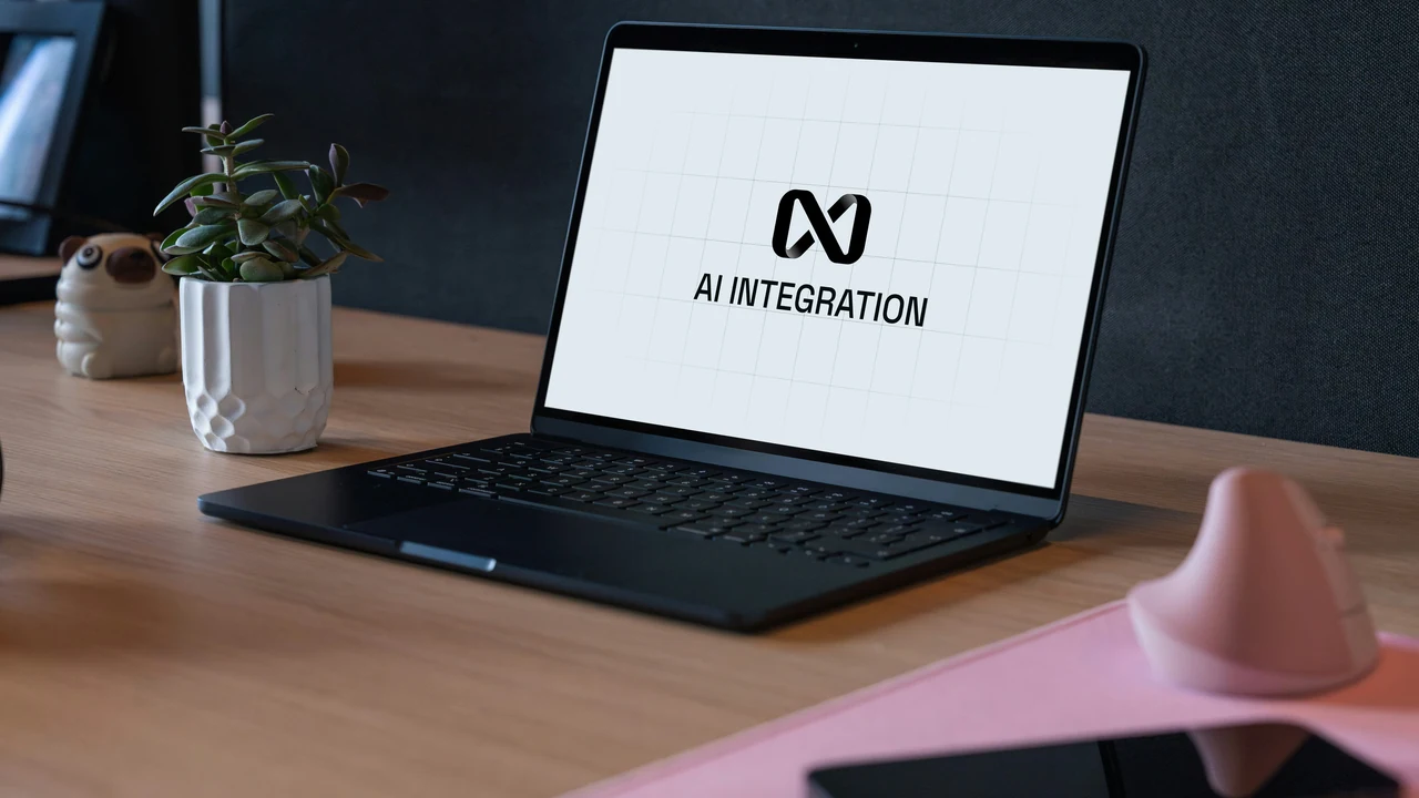 Authentic photograph of laptop displaying ai integration logo on desk.