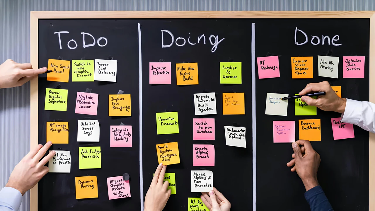 Authentic photograph of people use a kanban board for task management.