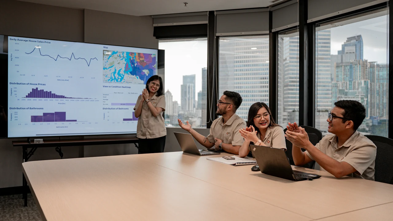 Authentic photograph of team collaborates during a business presentation with data on screen.