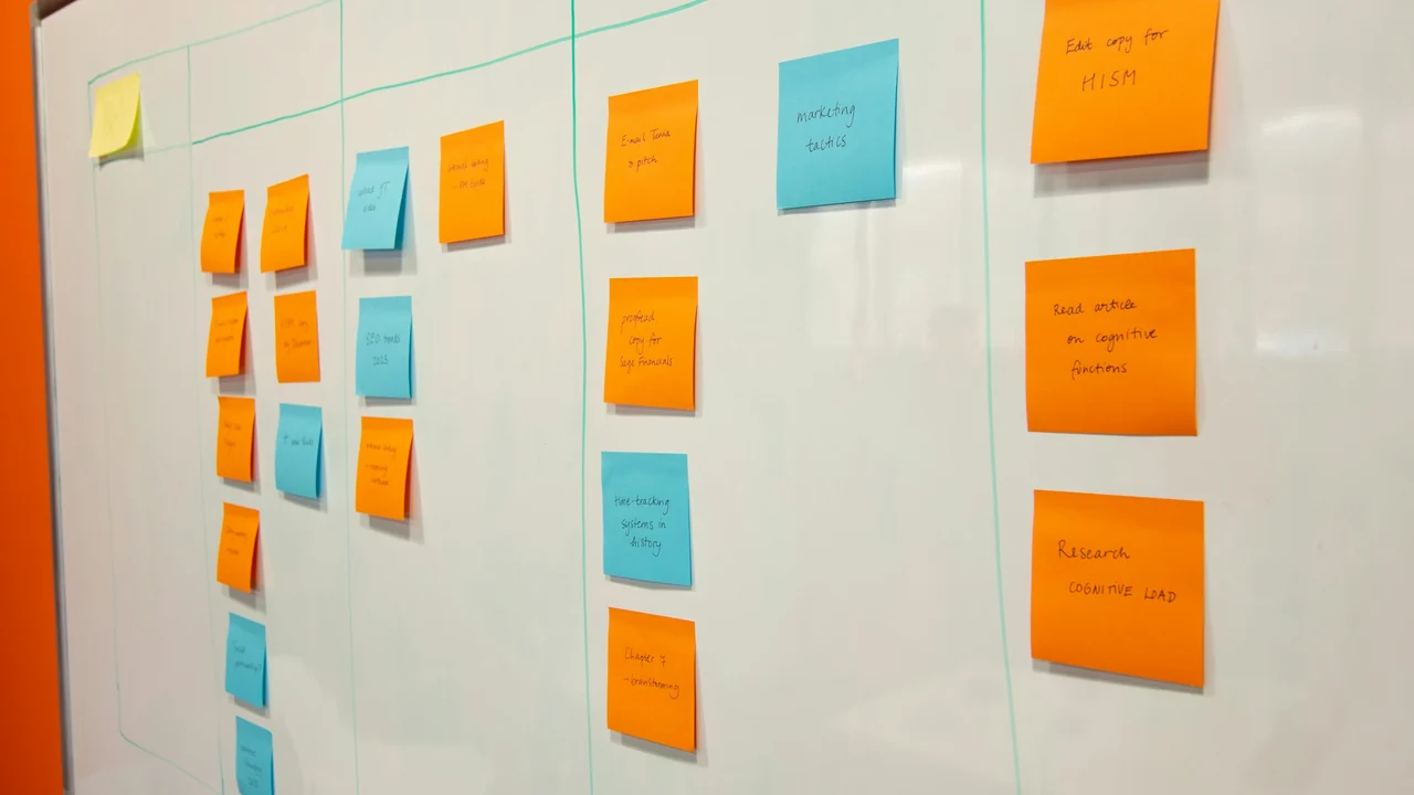 Project-planning whiteboard organized with sticky notes in columns.