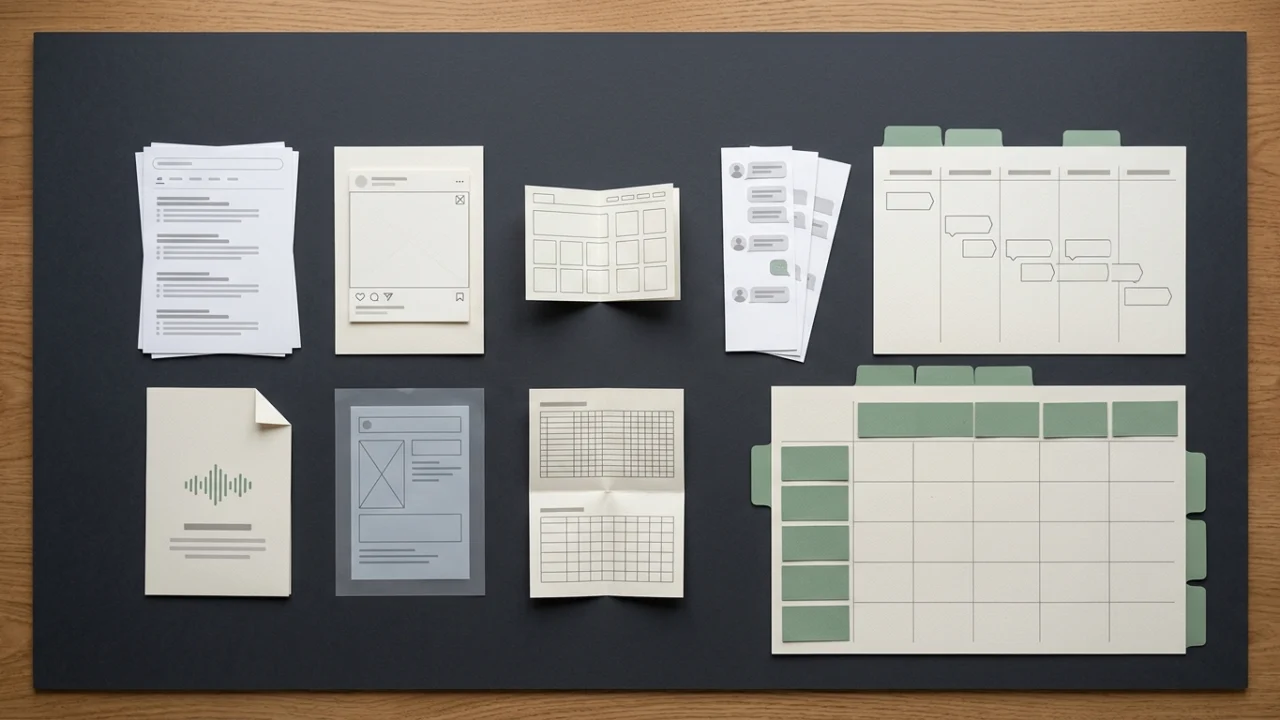 Organized service planning cards, channel mockups, workflow sheet, and project calendar