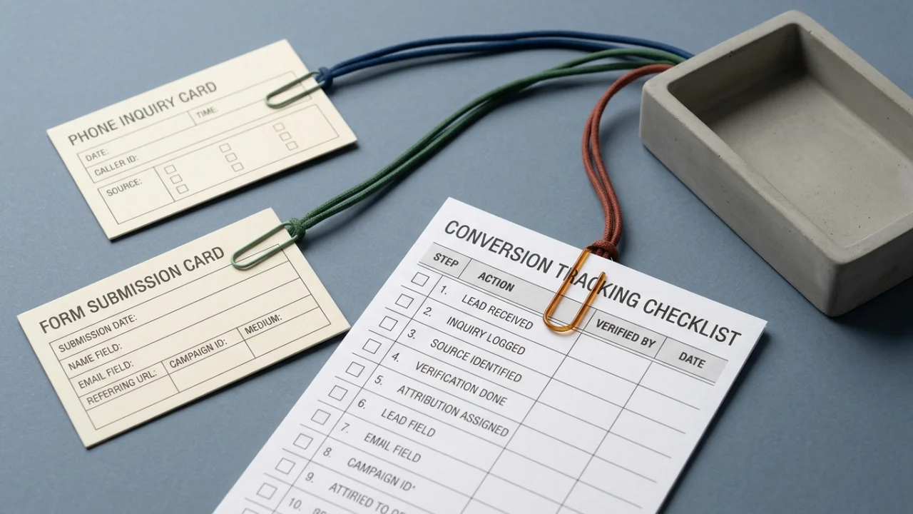 Phone inquiry and form submission cards connected to a conversion tracking checklist