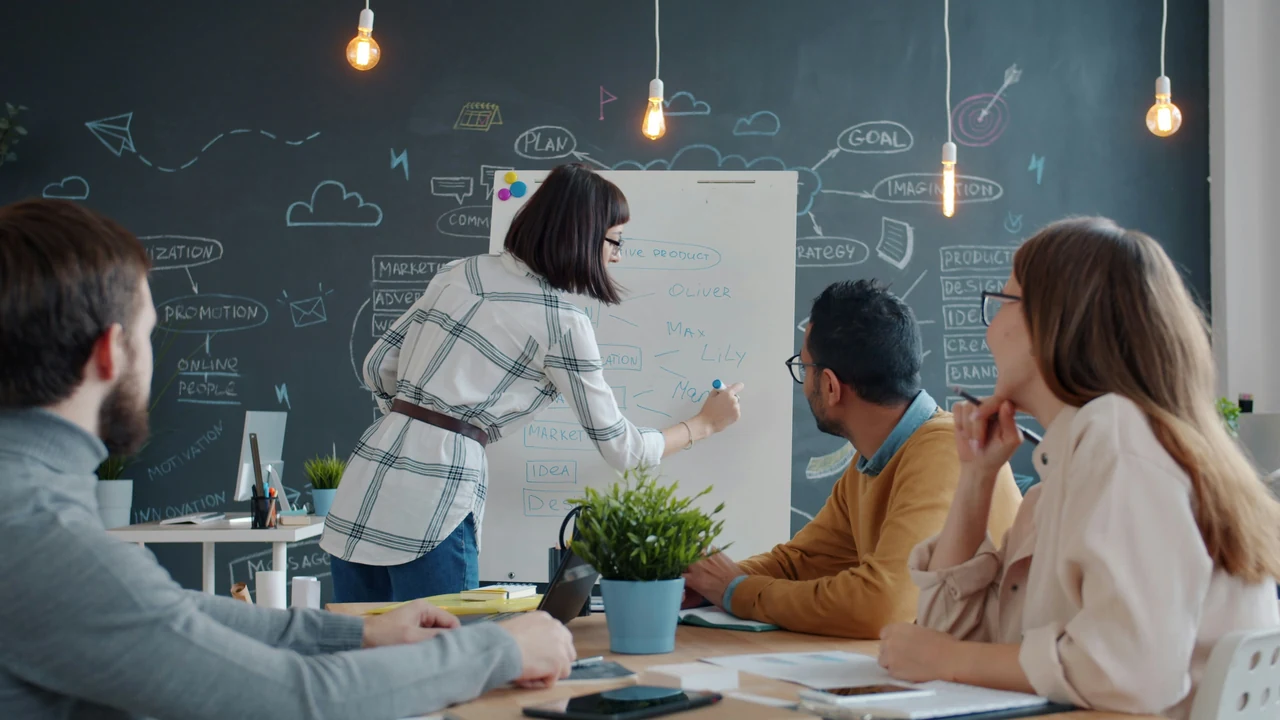 Business team discussing B2B advertising strategy at a whiteboard.