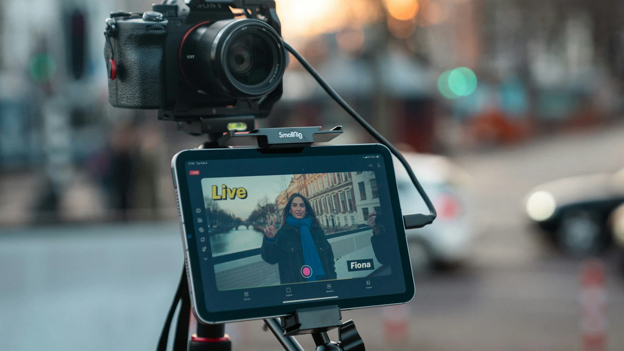Camera and tablet recording social advertising content outdoors.