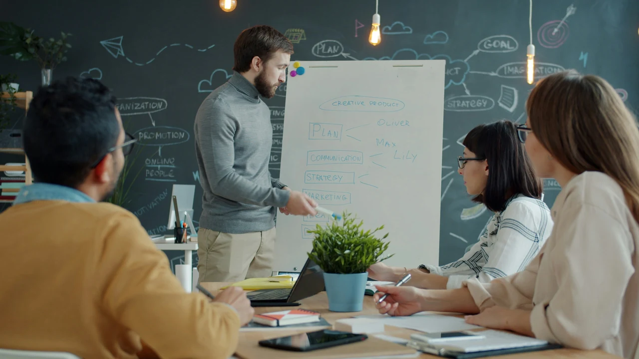 Team planning a paid advertising campaign at a whiteboard.