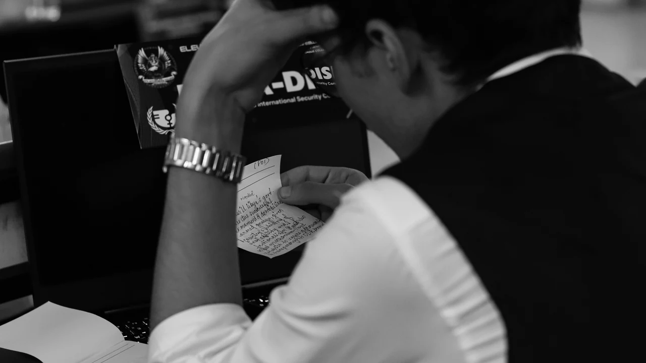 Professional concentrating on a difficult problem at a laptop.