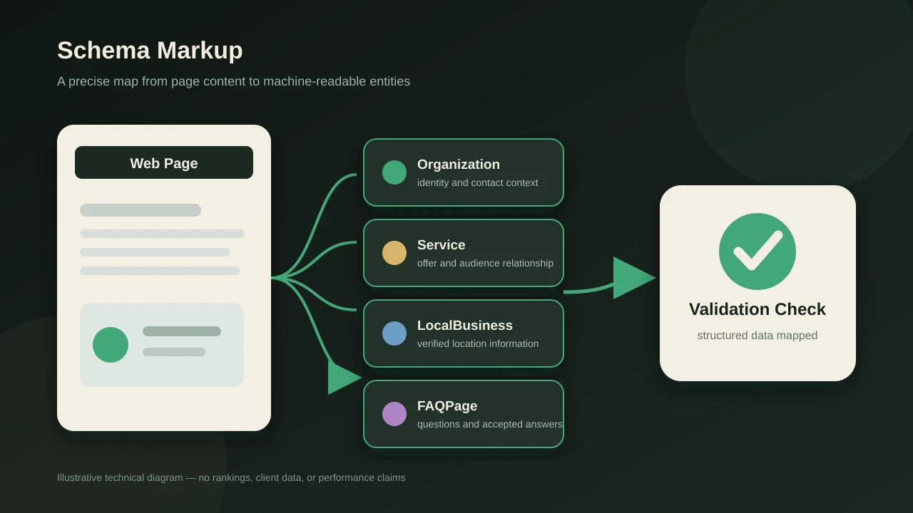 Diagram connecting a web page to Organization, Service, LocalBusiness, and FAQPage schema nodes with validation